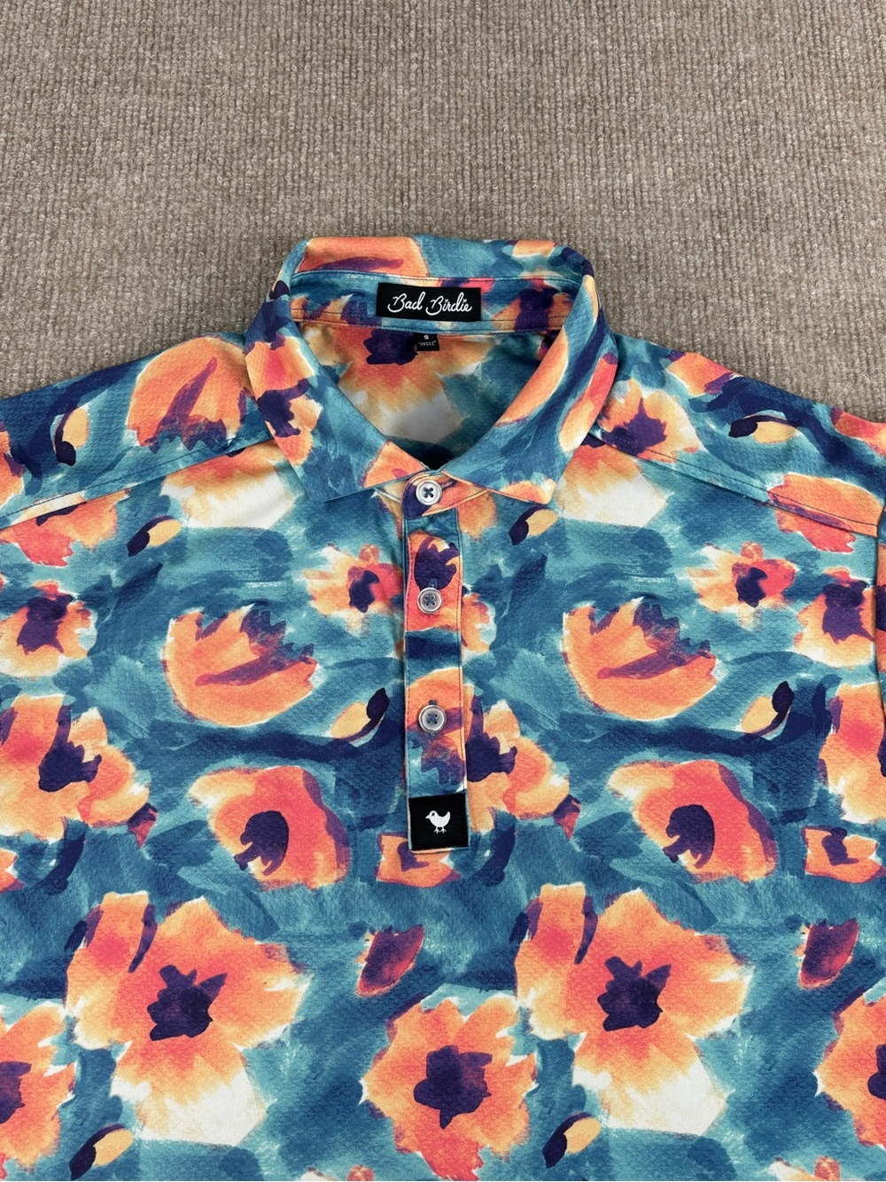 Bad Birdie Polo Shirt Mens Small Floral AOP Golf Performance Stretch Knit